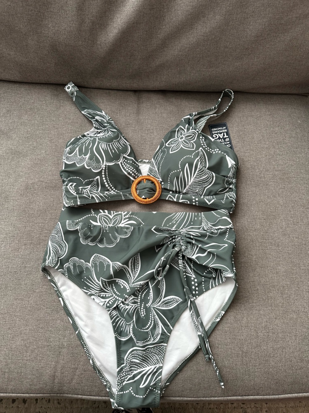 Green Floral Bikini Set with Wood Ring Detail BMJL two piece high waisted